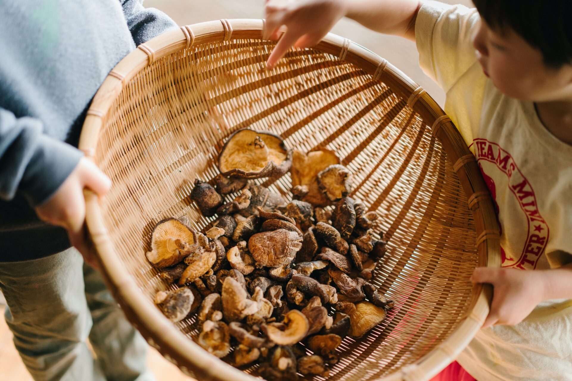 椎茸を干したりするときは、大きな<br />
ザルが活躍